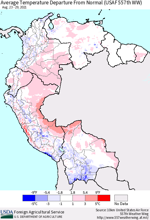 Northern South America Average Temperature Departure from Normal (USAF 557th WW) Thematic Map For 8/23/2021 - 8/29/2021
