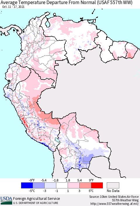 Northern South America Average Temperature Departure from Normal (USAF 557th WW) Thematic Map For 10/11/2021 - 10/17/2021