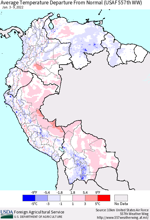 Northern South America Average Temperature Departure From Normal (USAF 557th WW) Thematic Map For 1/3/2022 - 1/9/2022