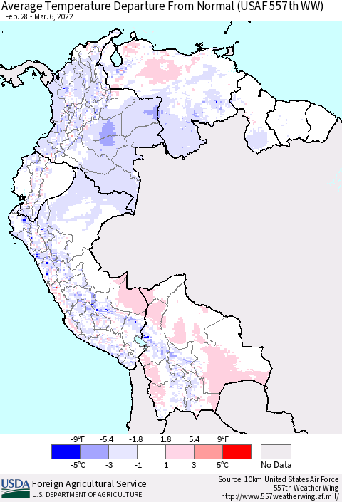 Northern South America Average Temperature Departure From Normal (USAF 557th WW) Thematic Map For 2/28/2022 - 3/6/2022