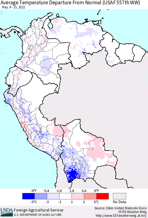 Northern South America Average Temperature Departure from Normal (USAF 557th WW) Thematic Map For 5/9/2022 - 5/15/2022
