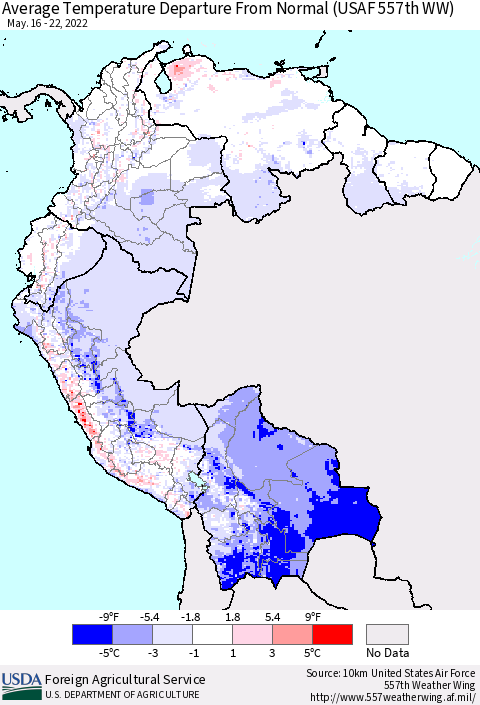 Northern South America Average Temperature Departure from Normal (USAF 557th WW) Thematic Map For 5/16/2022 - 5/22/2022