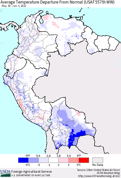 Northern South America Average Temperature Departure From Normal (USAF 557th WW) Thematic Map For 5/30/2022 - 6/5/2022
