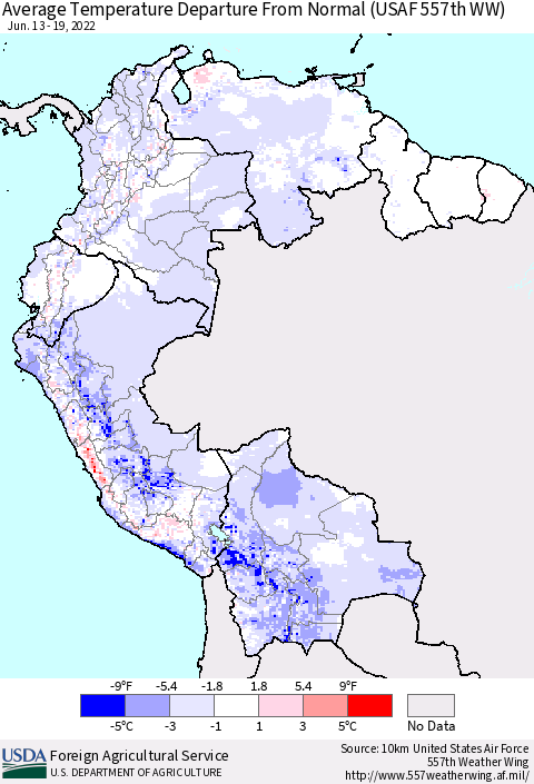 Northern South America Average Temperature Departure from Normal (USAF 557th WW) Thematic Map For 6/13/2022 - 6/19/2022