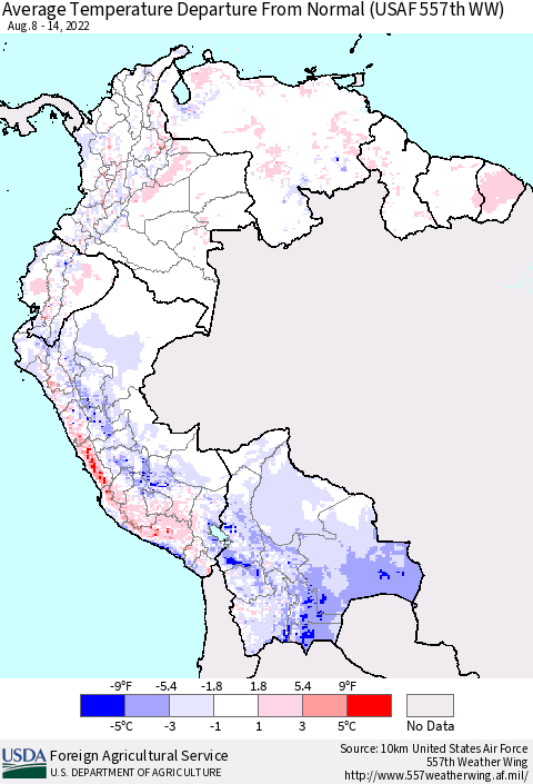 Northern South America Average Temperature Departure From Normal (USAF 557th WW) Thematic Map For 8/8/2022 - 8/14/2022