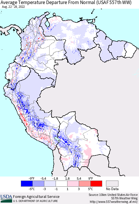 Northern South America Average Temperature Departure From Normal (USAF 557th WW) Thematic Map For 8/22/2022 - 8/28/2022