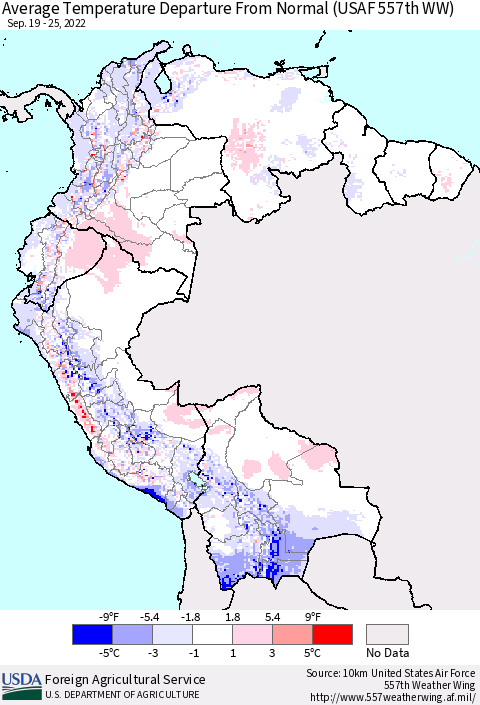 Northern South America Average Temperature Departure From Normal (USAF 557th WW) Thematic Map For 9/19/2022 - 9/25/2022