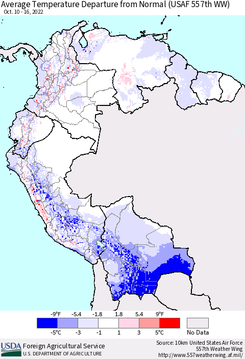 Northern South America Average Temperature Departure from Normal (USAF 557th WW) Thematic Map For 10/10/2022 - 10/16/2022
