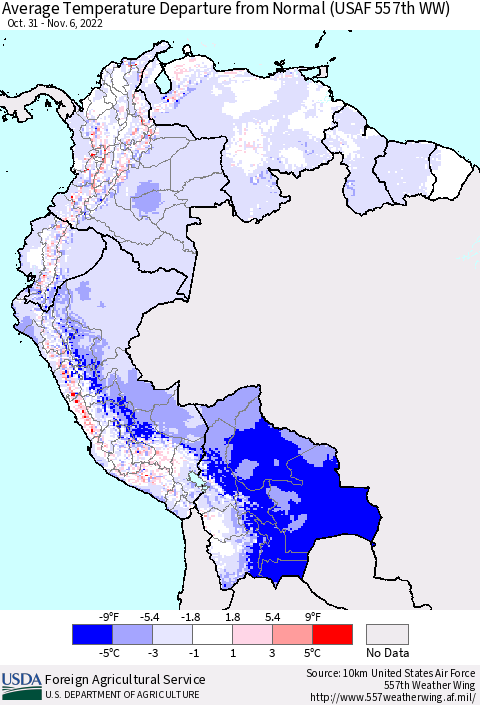 Northern South America Average Temperature Departure from Normal (USAF 557th WW) Thematic Map For 10/31/2022 - 11/6/2022