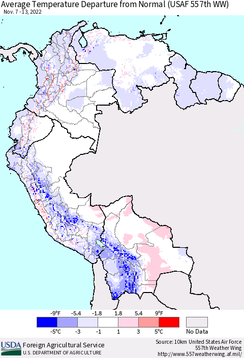 Northern South America Average Temperature Departure from Normal (USAF 557th WW) Thematic Map For 11/7/2022 - 11/13/2022