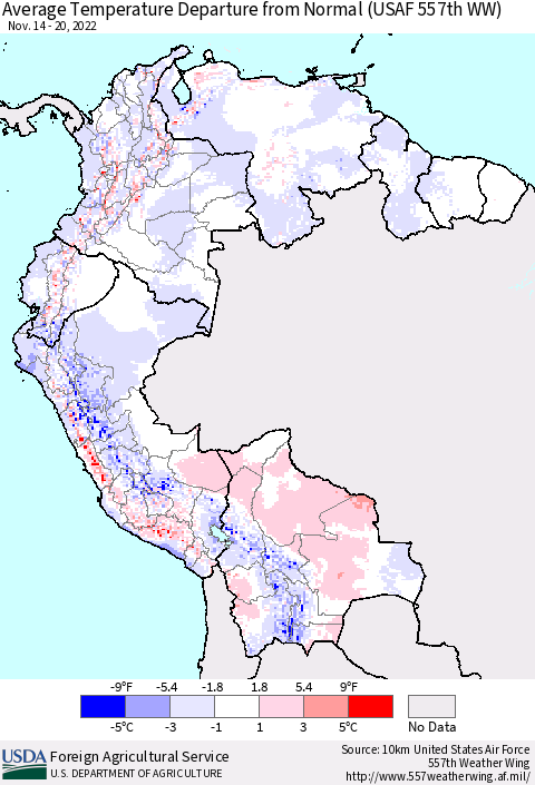 Northern South America Average Temperature Departure from Normal (USAF 557th WW) Thematic Map For 11/14/2022 - 11/20/2022