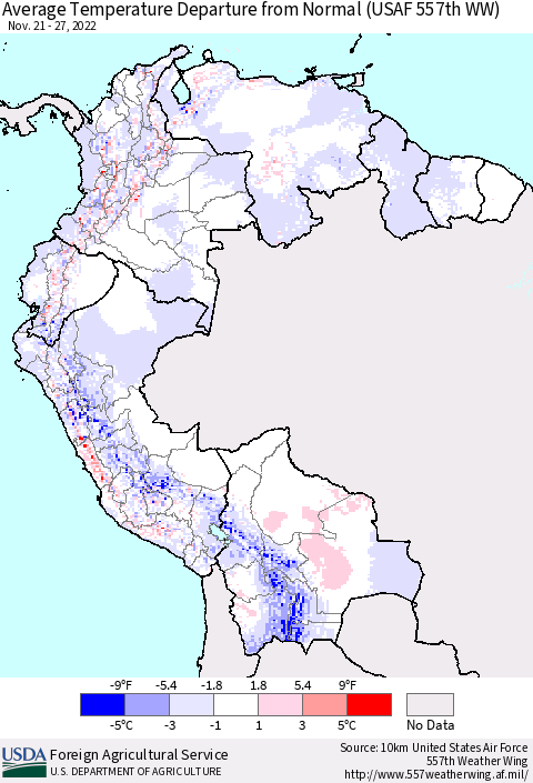 Northern South America Average Temperature Departure from Normal (USAF 557th WW) Thematic Map For 11/21/2022 - 11/27/2022