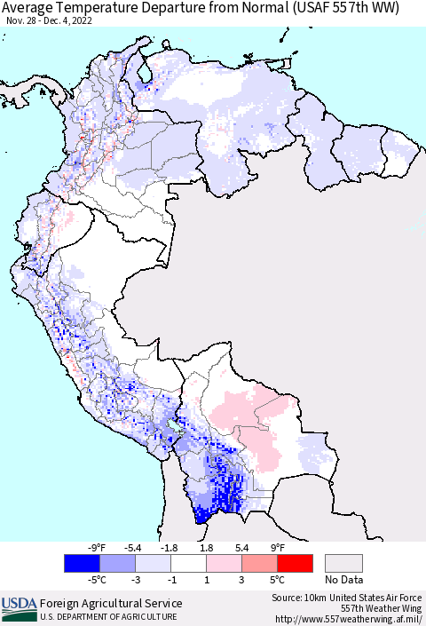 Northern South America Average Temperature Departure from Normal (USAF 557th WW) Thematic Map For 11/28/2022 - 12/4/2022