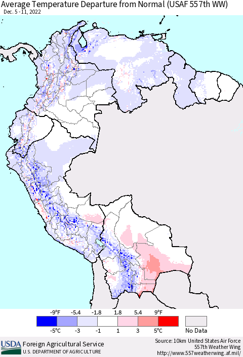 Northern South America Average Temperature Departure from Normal (USAF 557th WW) Thematic Map For 12/5/2022 - 12/11/2022