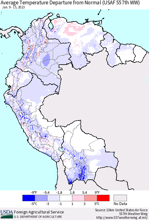 Northern South America Average Temperature Departure from Normal (USAF 557th WW) Thematic Map For 1/9/2023 - 1/15/2023