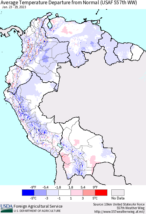 Northern South America Average Temperature Departure from Normal (USAF 557th WW) Thematic Map For 1/23/2023 - 1/29/2023