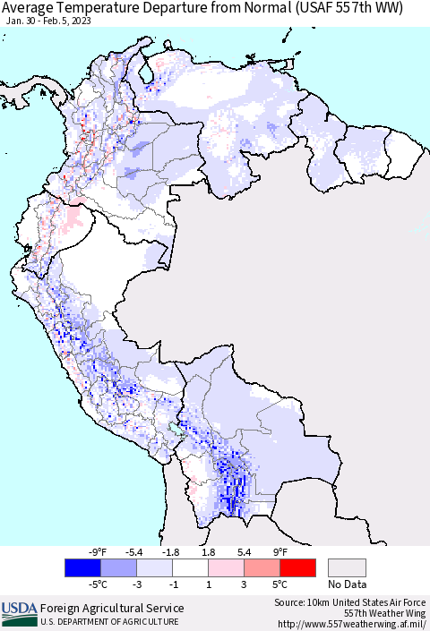 Northern South America Average Temperature Departure from Normal (USAF 557th WW) Thematic Map For 1/30/2023 - 2/5/2023
