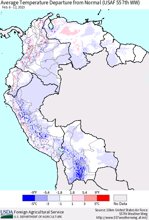 Northern South America Average Temperature Departure from Normal (USAF 557th WW) Thematic Map For 2/6/2023 - 2/12/2023