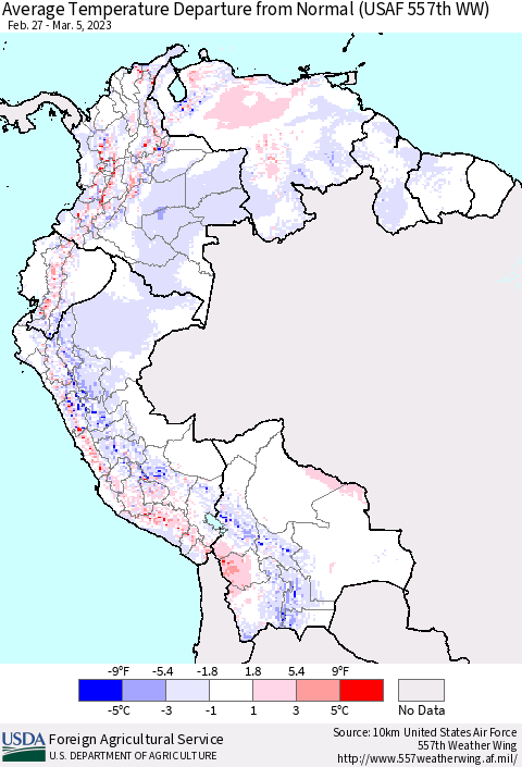 Northern South America Average Temperature Departure from Normal (USAF 557th WW) Thematic Map For 2/27/2023 - 3/5/2023