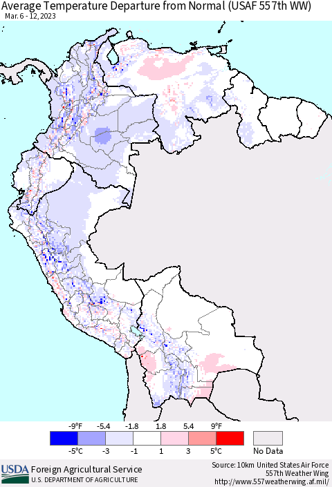 Northern South America Average Temperature Departure from Normal (USAF 557th WW) Thematic Map For 3/6/2023 - 3/12/2023