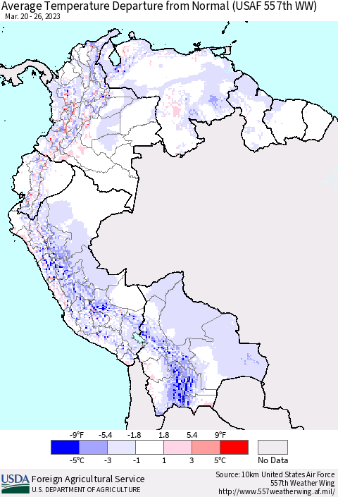 Northern South America Average Temperature Departure from Normal (USAF 557th WW) Thematic Map For 3/20/2023 - 3/26/2023