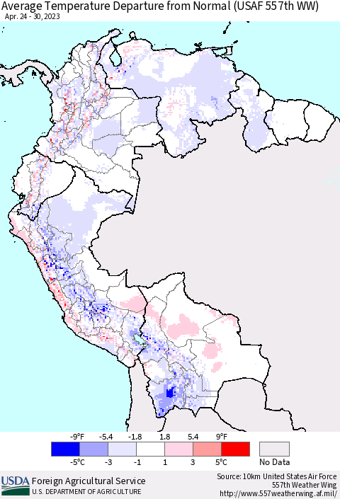 Northern South America Average Temperature Departure from Normal (USAF 557th WW) Thematic Map For 4/24/2023 - 4/30/2023