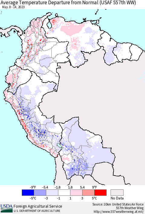 Northern South America Average Temperature Departure from Normal (USAF 557th WW) Thematic Map For 5/8/2023 - 5/14/2023