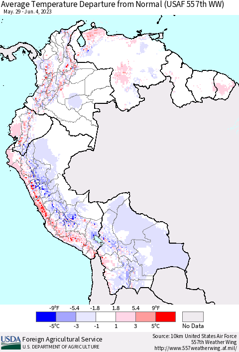 Northern South America Average Temperature Departure from Normal (USAF 557th WW) Thematic Map For 5/29/2023 - 6/4/2023