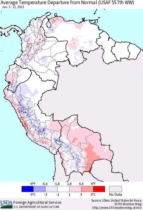 Northern South America Average Temperature Departure from Normal (USAF 557th WW) Thematic Map For 6/5/2023 - 6/11/2023