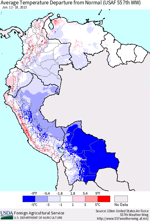 Northern South America Average Temperature Departure from Normal (USAF 557th WW) Thematic Map For 6/12/2023 - 6/18/2023