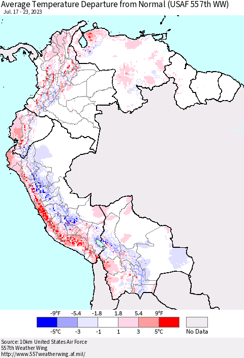 Northern South America Average Temperature Departure from Normal (USAF 557th WW) Thematic Map For 7/17/2023 - 7/23/2023