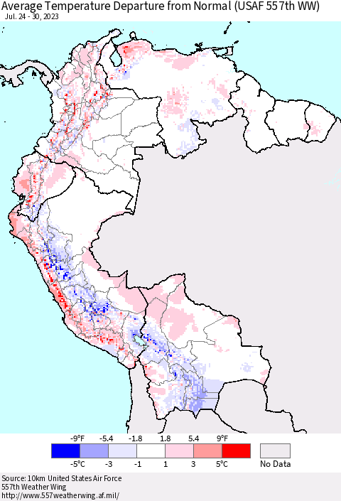 Northern South America Average Temperature Departure from Normal (USAF 557th WW) Thematic Map For 7/24/2023 - 7/30/2023