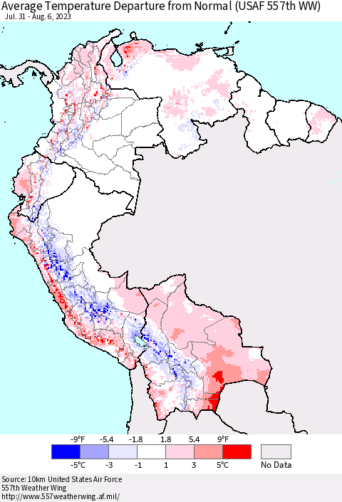 Northern South America Average Temperature Departure from Normal (USAF 557th WW) Thematic Map For 7/31/2023 - 8/6/2023