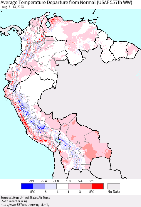 Northern South America Average Temperature Departure from Normal (USAF 557th WW) Thematic Map For 8/7/2023 - 8/13/2023