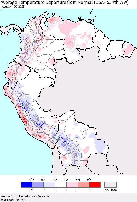 Northern South America Average Temperature Departure from Normal (USAF 557th WW) Thematic Map For 8/14/2023 - 8/20/2023