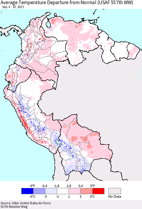 Northern South America Average Temperature Departure from Normal (USAF 557th WW) Thematic Map For 9/4/2023 - 9/10/2023