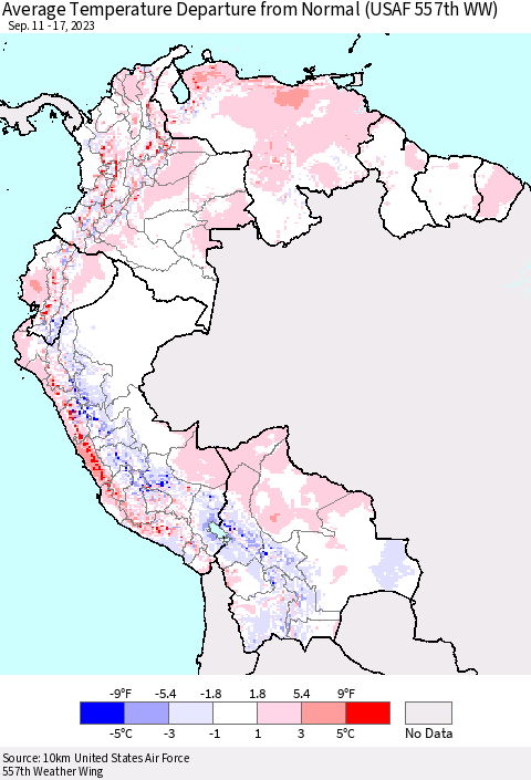 Northern South America Average Temperature Departure from Normal (USAF 557th WW) Thematic Map For 9/11/2023 - 9/17/2023
