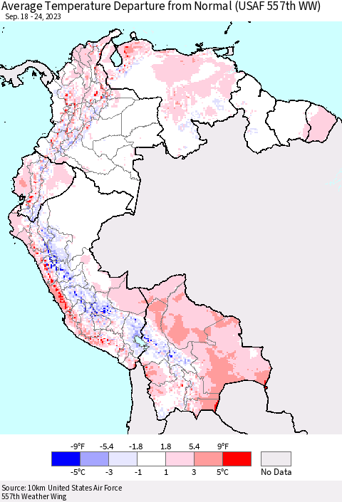 Northern South America Average Temperature Departure from Normal (USAF 557th WW) Thematic Map For 9/18/2023 - 9/24/2023