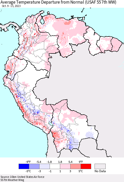 Northern South America Average Temperature Departure from Normal (USAF 557th WW) Thematic Map For 10/9/2023 - 10/15/2023