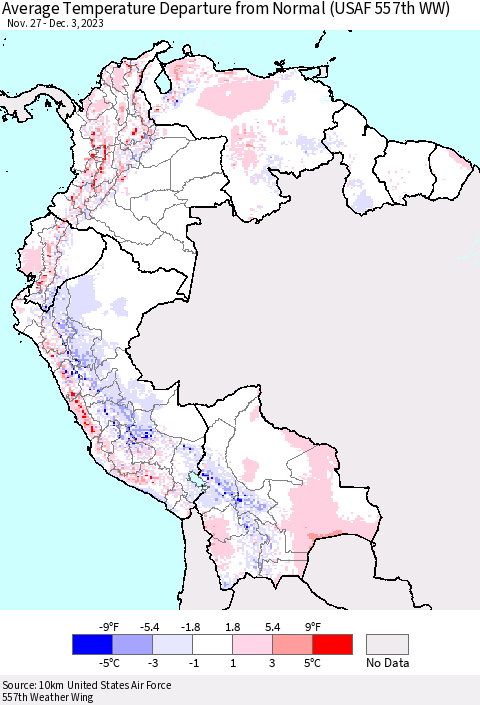 Northern South America Average Temperature Departure from Normal (USAF 557th WW) Thematic Map For 11/27/2023 - 12/3/2023