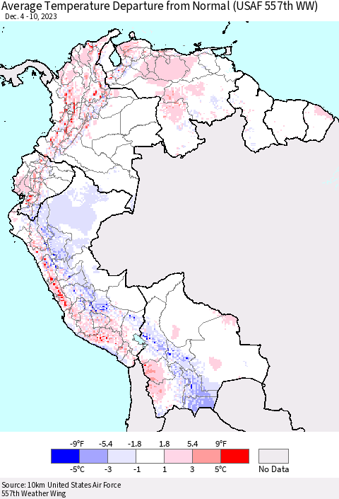 Northern South America Average Temperature Departure from Normal (USAF 557th WW) Thematic Map For 12/4/2023 - 12/10/2023