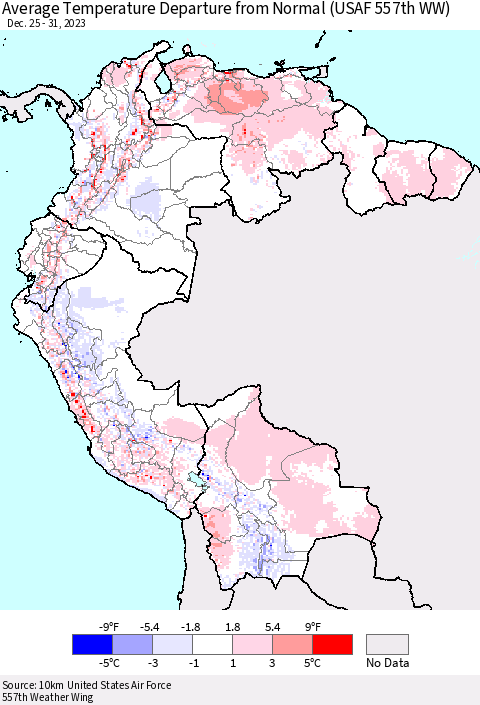 Northern South America Average Temperature Departure from Normal (USAF 557th WW) Thematic Map For 12/25/2023 - 12/31/2023