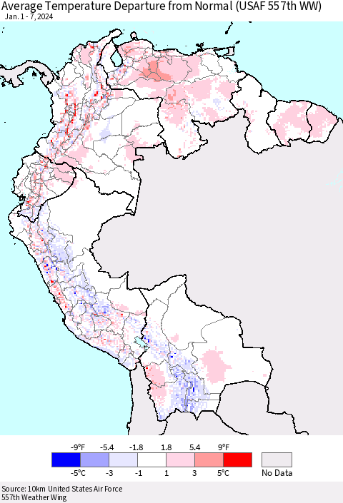 Northern South America Average Temperature Departure from Normal (USAF 557th WW) Thematic Map For 1/1/2024 - 1/7/2024