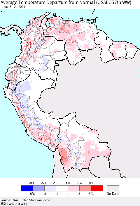 Northern South America Average Temperature Departure from Normal (USAF 557th WW) Thematic Map For 1/15/2024 - 1/21/2024