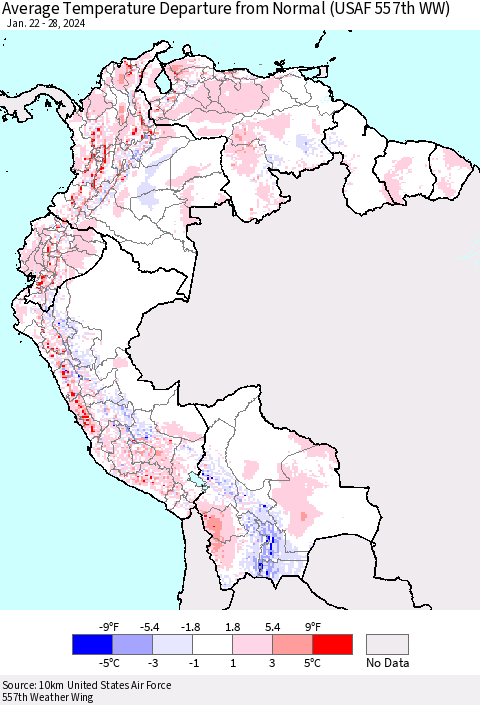 Northern South America Average Temperature Departure from Normal (USAF 557th WW) Thematic Map For 1/22/2024 - 1/28/2024