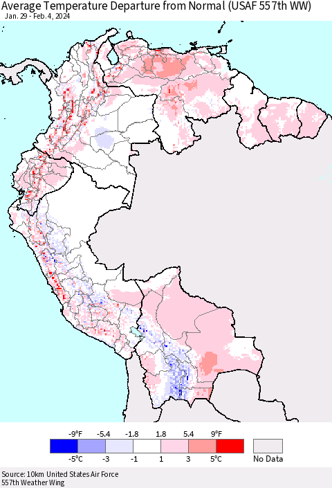 Northern South America Average Temperature Departure from Normal (USAF 557th WW) Thematic Map For 1/29/2024 - 2/4/2024