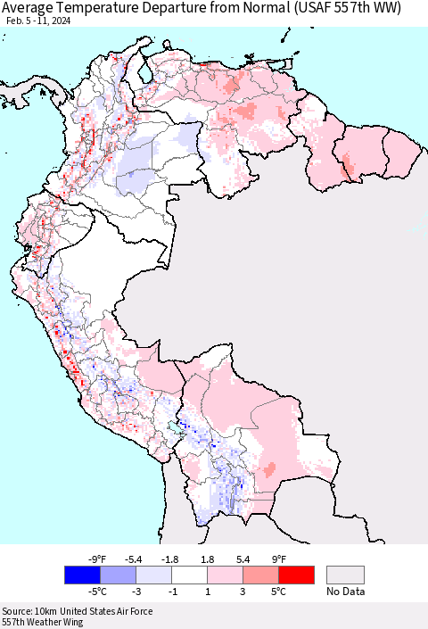 Northern South America Average Temperature Departure from Normal (USAF 557th WW) Thematic Map For 2/5/2024 - 2/11/2024