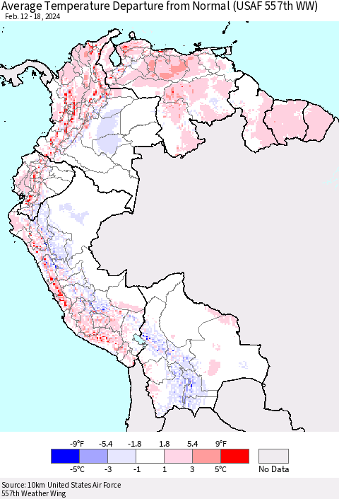 Northern South America Average Temperature Departure from Normal (USAF 557th WW) Thematic Map For 2/12/2024 - 2/18/2024