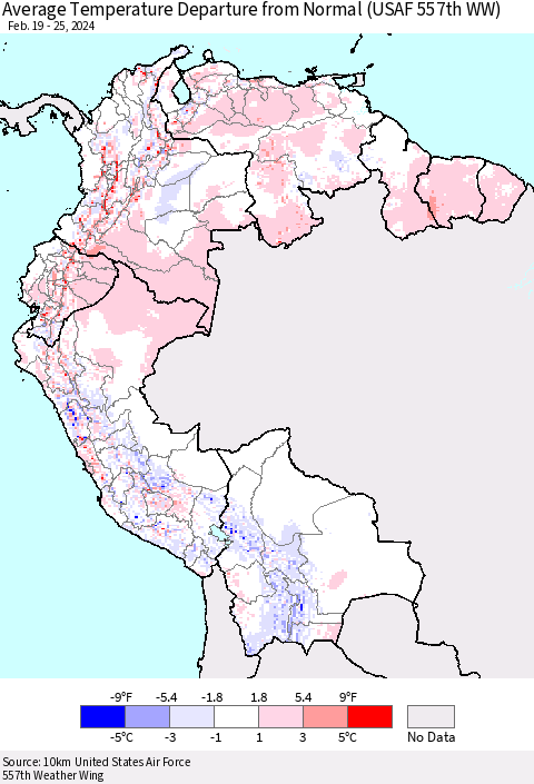 Northern South America Average Temperature Departure from Normal (USAF 557th WW) Thematic Map For 2/19/2024 - 2/25/2024