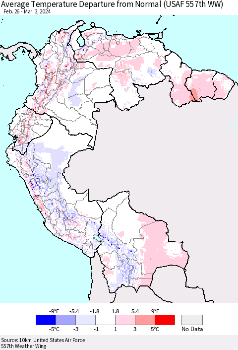 Northern South America Average Temperature Departure from Normal (USAF 557th WW) Thematic Map For 2/26/2024 - 3/3/2024